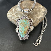 Navajo Blue Turquoise #8 Pendant | Sterling Silver Pearls Necklace | Authentic Native American Handmade | 15902