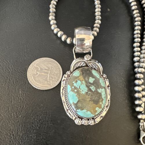 Men's Blue #8 Turquoise Pendant Necklace | Navajo Sterling Silver | Authentic Native American Handmade | 14974