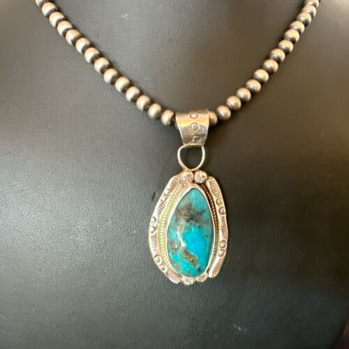 Navajo Pearls Kingman Turquoise Pendant Necklace | Sterling Silver | Authentic Native American Handmade | 17127