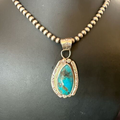 Navajo Pearls Kingman Turquoise Pendant Necklace | Sterling Silver | Authentic Native American Handmade | 17127
