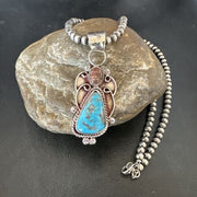 Navajo Blue Kingman Turquoise Wild Horse Pendant Necklace | Sterling Silver | Authentic Native American Handmade | 17224