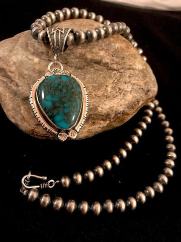 Ultra Rare Handmade Navajo Sterling Silver Bisbee Turquoise Necklace Pendant Yazzie
