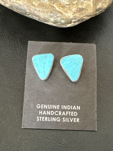 Navajo Blue Kingman Turquoise Post Stud Earrings | Sterling Silver | Authentic Native American Handmade | 17471