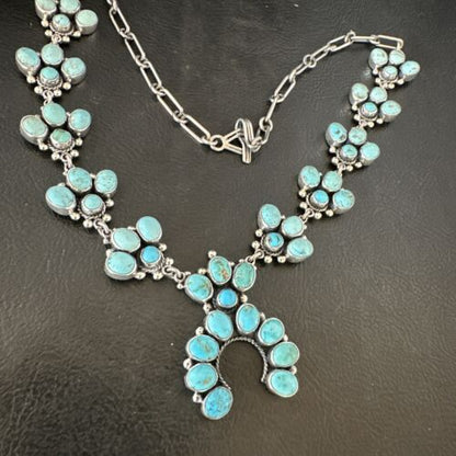 Navajo Blue Kingman Turquoise Squash Blossom Necklace | Sterling Silver | Authentic Native American Handmade | 16829