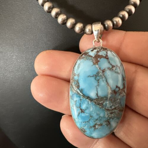 Navajo Blue Spiderweb Turquoise Pendant Necklace | Sterling Silver | Authentic Native American Handmade | 17020