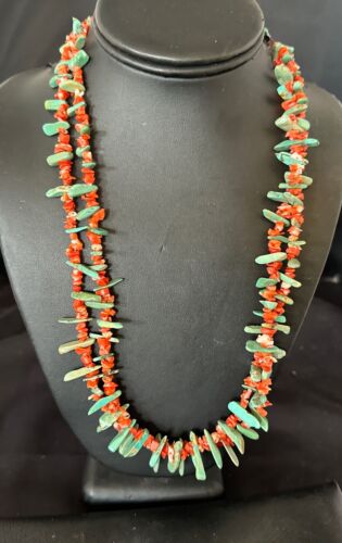 Navajo Green Turquoise Coral Stick Bead Necklace | Sterling Silver | 22" | Authentic Native American Handmade | 17255