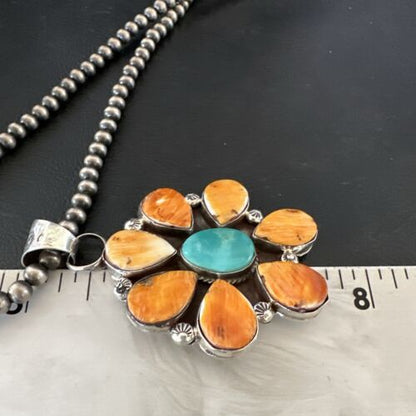 Navajo Blue Turquoise | Spiny Oyster Pendant Necklace | Sterling Silver | Multi-Stone | 16863