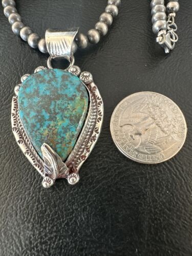 Navajo Blue Turquoise Pendant Necklace | Sterling Silver Pearls | Authentic Native American Handmade | 15761