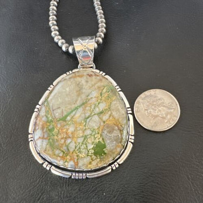 Navajo Sterling Silver Green Boulder Turquoise Necklace Pendant for Men | XL | Authentic Native American | 16365