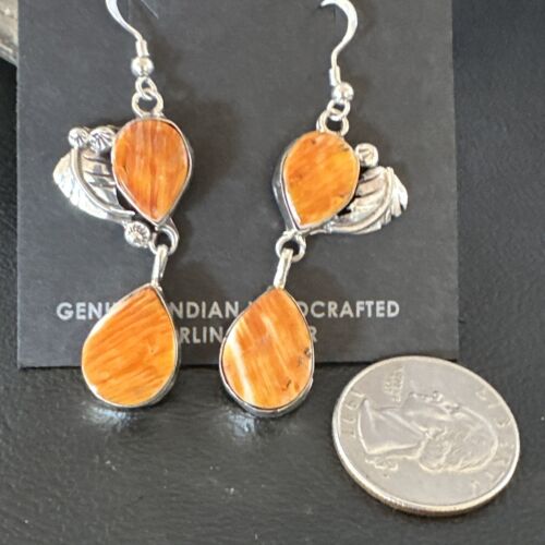 Navajo Orange Spiny Oyster Dangle Earrings | Sterling Silver | 1.5" | Authentic Native American Handmade | 16567
