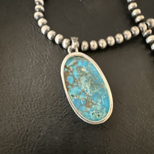 Navajo Blue Spiderweb Turquoise Pendant Necklace | Sterling Silver | Authentic Native American Handmade | 17028