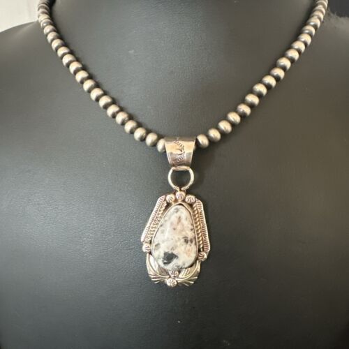 White Buffalo Turquoise Pendant | Navajo Pearls | Sterling Silver Necklace 21" | 17327
