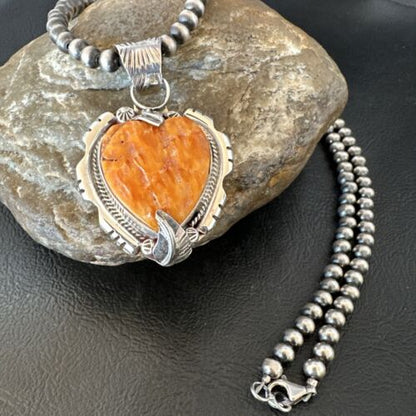 Navajo Orange Spiny Oyster Heart Pendant Necklace | Sterling Silver | Authentic Native American Handmade | 16296