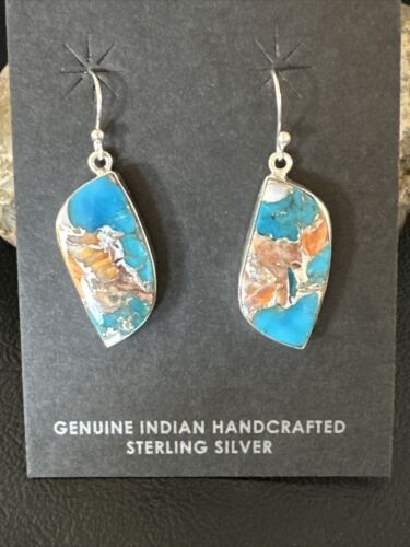 Navajo Blue Turquoise & Orange Spiny Oyster Inlay Dangle Earrings | Sterling Silver | 15585