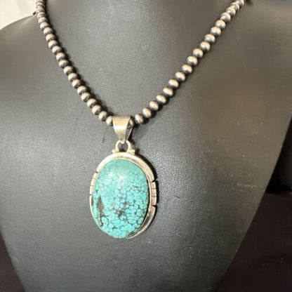 Men's Navajo Blue Spiderweb Turquoise Pendant Necklace | Sterling Silver | Authentic Native American Handmade | 16200