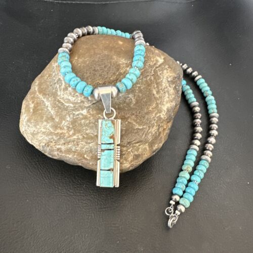Turquoise #8 Inlay Pendant Necklace | Navajo Sterling Silver | Authentic Native American Handmade | 17057