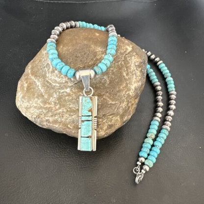 Turquoise #8 Inlay Pendant Necklace | Navajo Sterling Silver | Authentic Native American Handmade | 17057