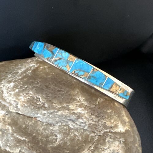 Navajo Men's Blue Mojave Turquoise Inlay Bracelet | Sterling Silver | Authentic Native American Handmade | 15063