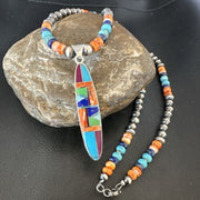 Navajo Spiny Oyster Turquoise Inlay Pendant Necklace | Sterling Silver | 21" | Authentic Native American Handmade | 16925
