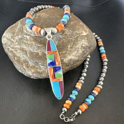 Navajo Spiny Oyster Turquoise Inlay Pendant Necklace | Sterling Silver | 21" | Authentic Native American Handmade | 16925