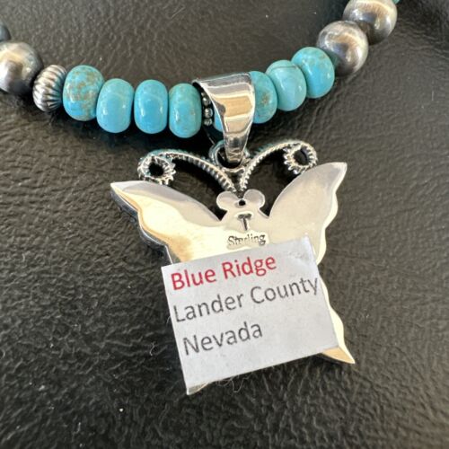 Navajo Butterfly Blue Ridge Turquoise Inlay Pendant Necklace | Sterling Silver | Native American Handmade | 16486
