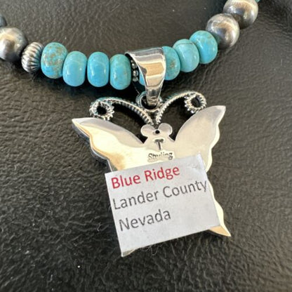Navajo Butterfly Blue Ridge Turquoise Inlay Pendant Necklace | Sterling Silver | Native American Handmade | 16486