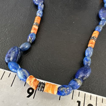 Men's Lapis & Orange Spiny Oyster Navajo Pearls Sterling Silver Necklace 18" | Handmade 17501