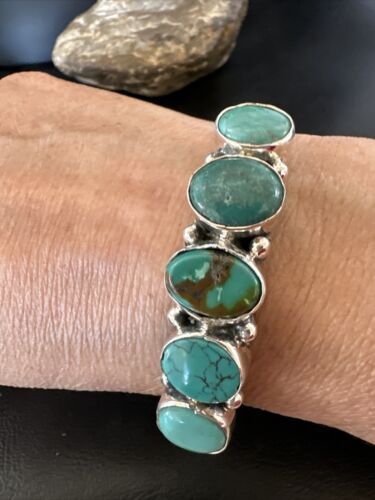 Women's Blue Turquoise 5-Stone Cuff Bracelet | Navajo Sterling Silver | Authentic Native American Jewelry | 16280