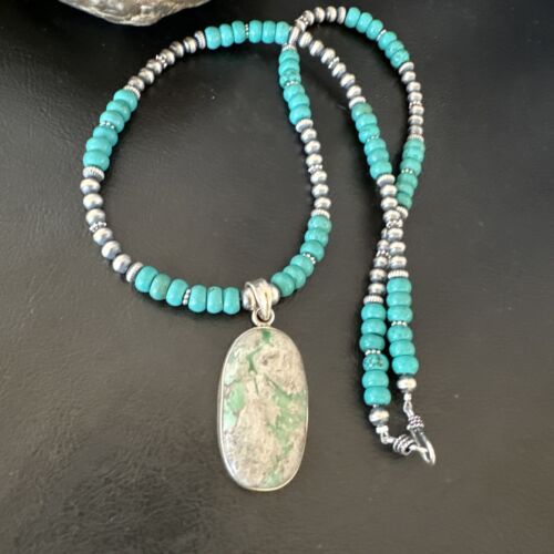 Navajo Teal Blue Turquoise Pendant Necklace | Sterling Silver | Authentic Native American Handmade | 16339