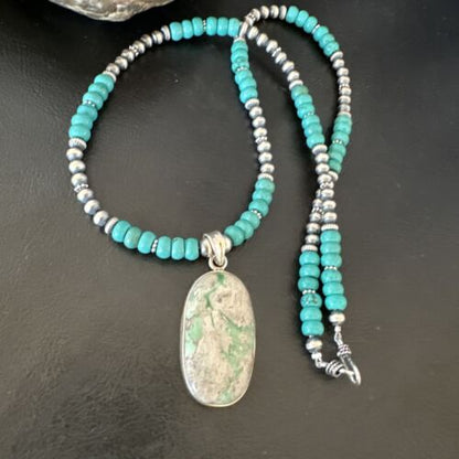 Navajo Teal Blue Turquoise Pendant Necklace | Sterling Silver | Authentic Native American Handmade | 16339