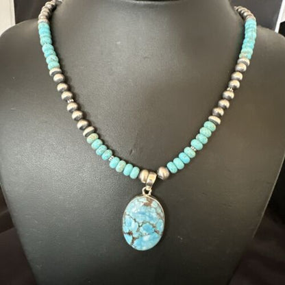 Navajo Blue Spiderweb Turquoise Pendant Necklace | Sterling Silver | Authentic Native American Handmade | 17080
