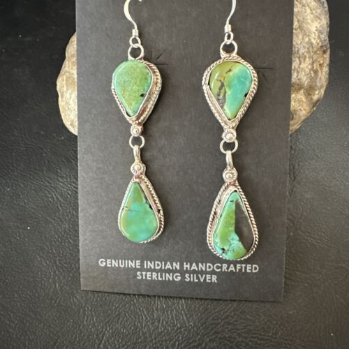 Navajo Green Royston Turquoise Dangle Earrings | Sterling Silver | Authentic Native American Handmade | 17140