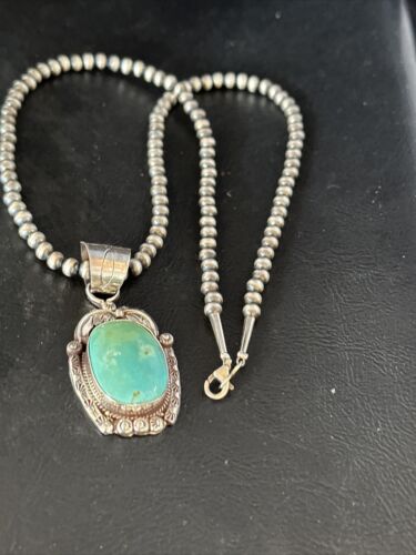 Navajo Pearls Blue Turquoise Necklace Pendant | Sterling Silver | Authentic Native American Handmade | 14880