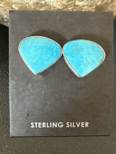 Navajo Blue Kingman Turquoise Post Stud Earrings | Sterling Silver | Authentic Native American Handmade | 17470
