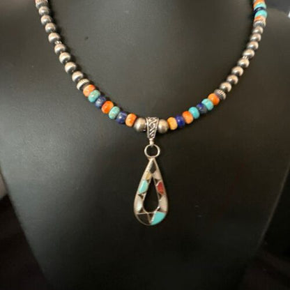 Navajo Spiny Oyster Turquoise Lapis Inlay Pendant Necklace | Sterling Silver | 21" | Authentic Native American Handmade | 16768