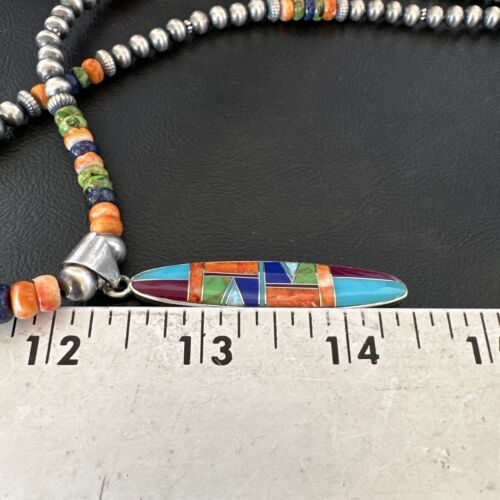 Navajo Lapis Spiny Oyster Turquoise Inlay Pendant Necklace | Sterling Silver | 21" | Authentic Native American Handmade | 16626