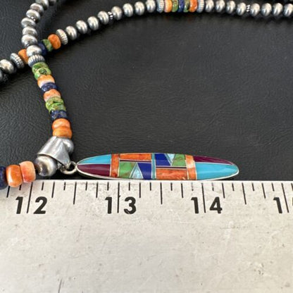 Navajo Lapis Spiny Oyster Turquoise Inlay Pendant Necklace | Sterling Silver | 21" | Authentic Native American Handmade | 16626