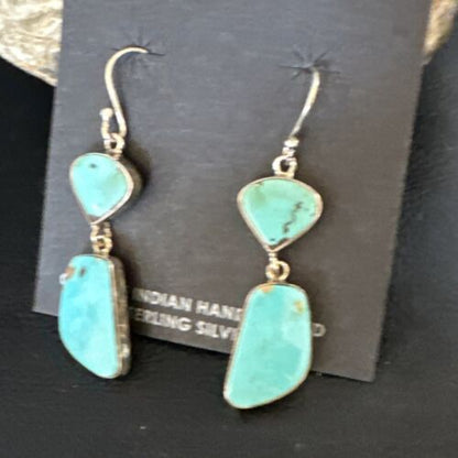 Navajo Blue Kingman Turquoise Dangle Earrings | Sterling Silver | Authentic Native American Handmade | 15118