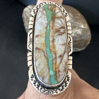Navajo Ribbon Boulder Green Turquoise Ring | Sterling Silver | Sz 10 | Authentic Native American Handmade | 16253