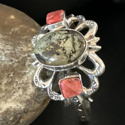 Navajo Green Turquoise & Coral Tufa Cast Cuff Bracelet | Sterling Silver | Authentic Native American Handmade | 16777