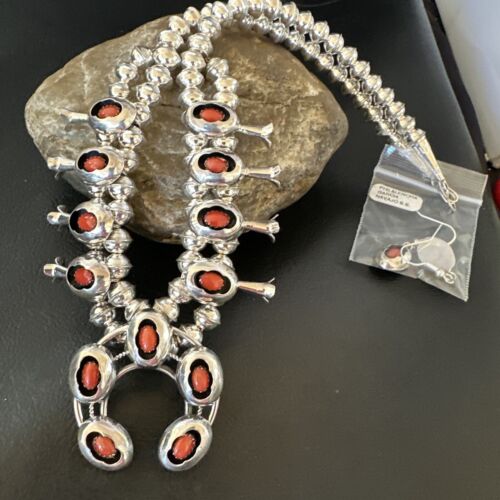 Navajo Red Coral Shadowbox Squash Blossom Necklace | Sterling Silver | 17" | Authentic Native American Handmade | 16114