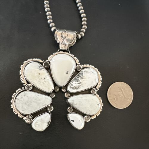 Navajo White Buffalo Turquoise Necklace Naja Pendant | Sterling Silver | Authentic Native American Handmade | 16805