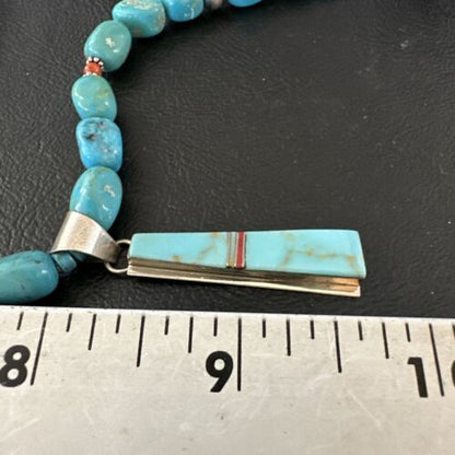 Navajo Blue Turquoise Inlay Pendant Necklace | Sterling Silver | 19" | Authentic Native American Handmade | 17491
