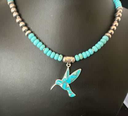 Navajo Turquoise Opal Hummingbird Inlay Pendant | Sterling Silver Necklace | Authentic Native American Handmade | 16844