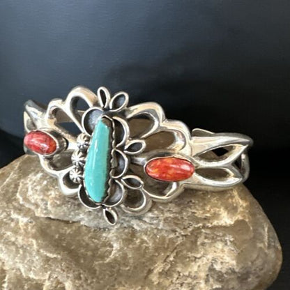 Navajo Kingman Turquoise Spiny Cuff Bracelet | Sterling Silver Tufa Cast | Authentic Native American Handmade | 16775