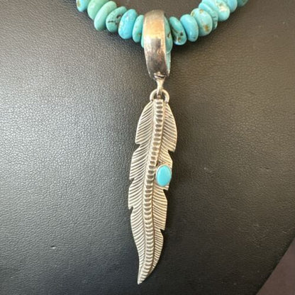Navajo Blue Turquoise Leaf Pendant | Sterling Silver Pearls Necklace | 21" | Authentic Native American Handmade | 17540