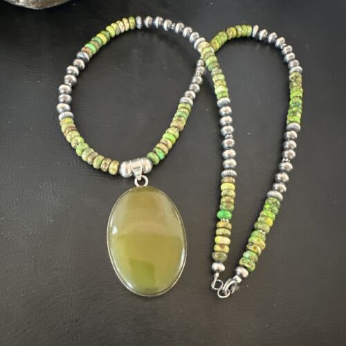 Navajo Green Turquoise Pendant Necklace | Sterling Silver | Authentic Native American Handmade | 16918