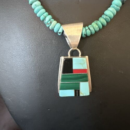 Navajo Turquoise Lapis Inlay Pendant Necklace | Sterling Silver | 20" | Authentic Native American Handmade | 17508