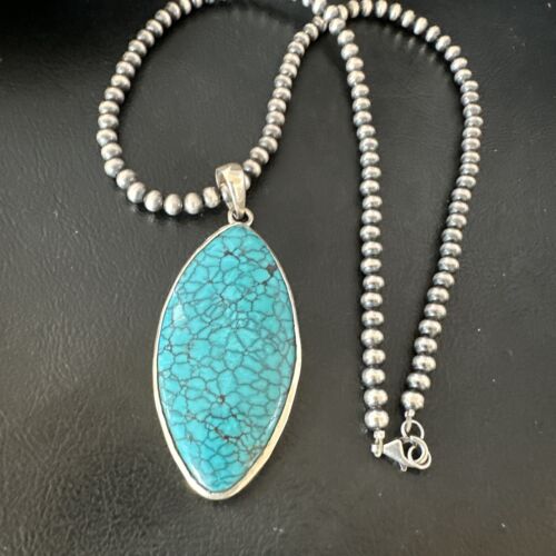 Men's Navajo Blue Spiderweb Turquoise Pendant Necklace | Sterling Silver | Authentic Native American Handmade | 16210