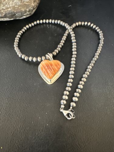 Navajo Orange Heart Spiny Oyster Pendant | Sterling Silver Necklace | Authentic Native American Handmade | 15006